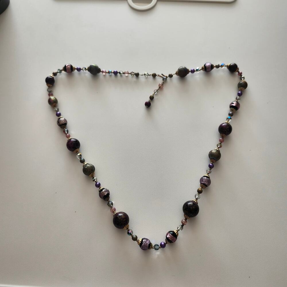 Purple Foil Glass Beaded Necklace Murano Style Crystal Faux Pearl Gold 31in Long